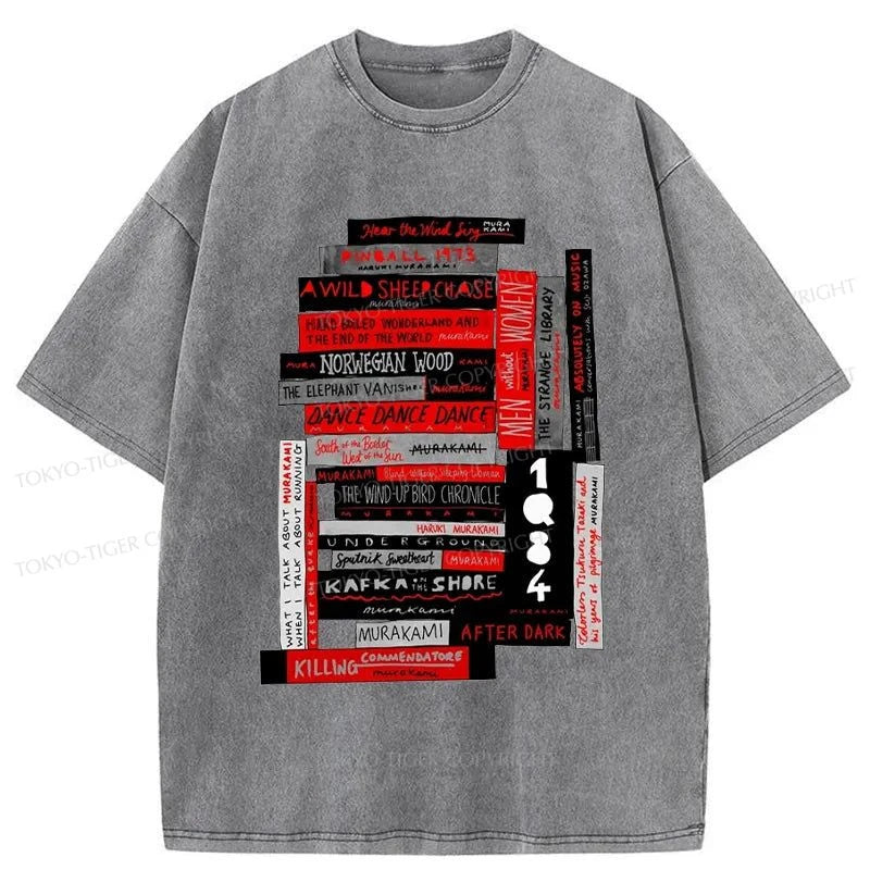 Tokyo-Tiger Murakami Book Stack Fanatic Washed T-Shirt