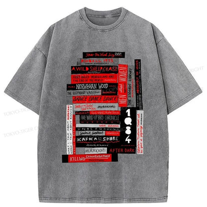 Tokyo-Tiger Murakami Book Stack Fanatic Washed T-Shirt