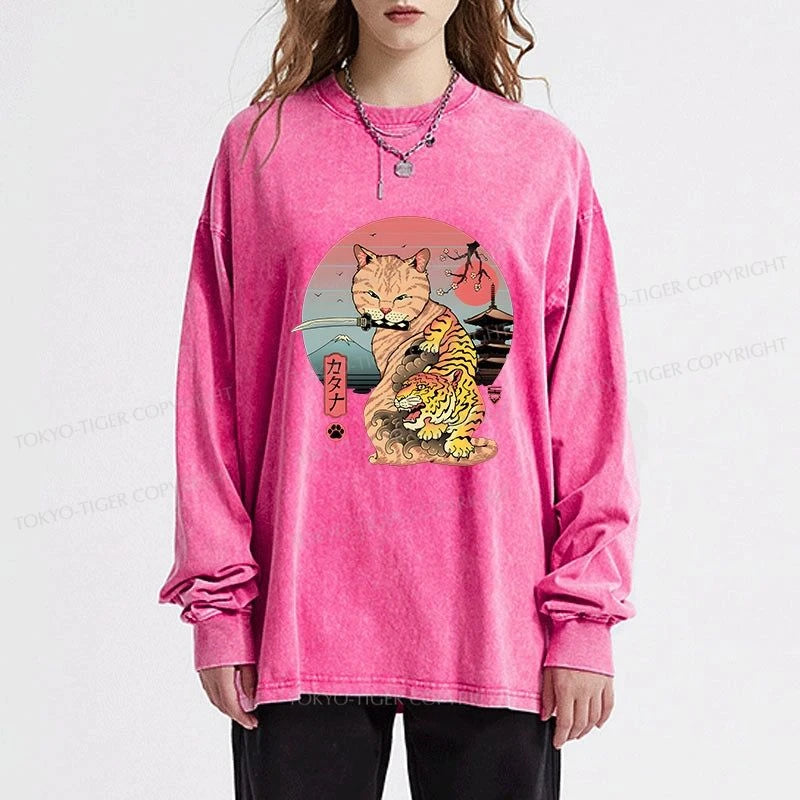 Tokyo-Tiger Katana Cat Tattoo Washed Long Sleeve T-Shirt