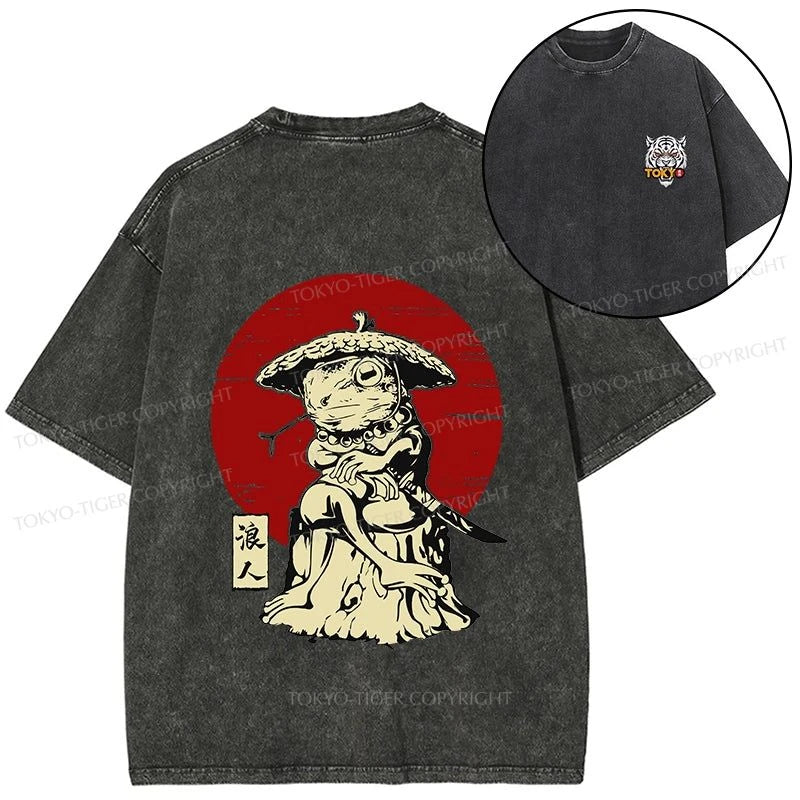 Tokyo-Tiger Rounin Japanese Frog Samurai Front Back Washed T-Shirt