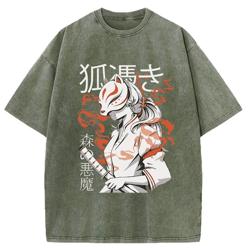 Tokyo-Tiger Anime Girl With Fox Mask Kitsune Washed T-Shirt