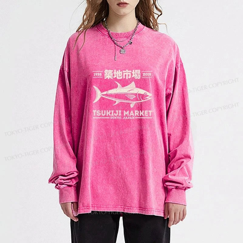 Tokyo-Tiger Retro Tsukiji Fish Market Streetwear Tokyo Washed Long Sleeve T-Shirt