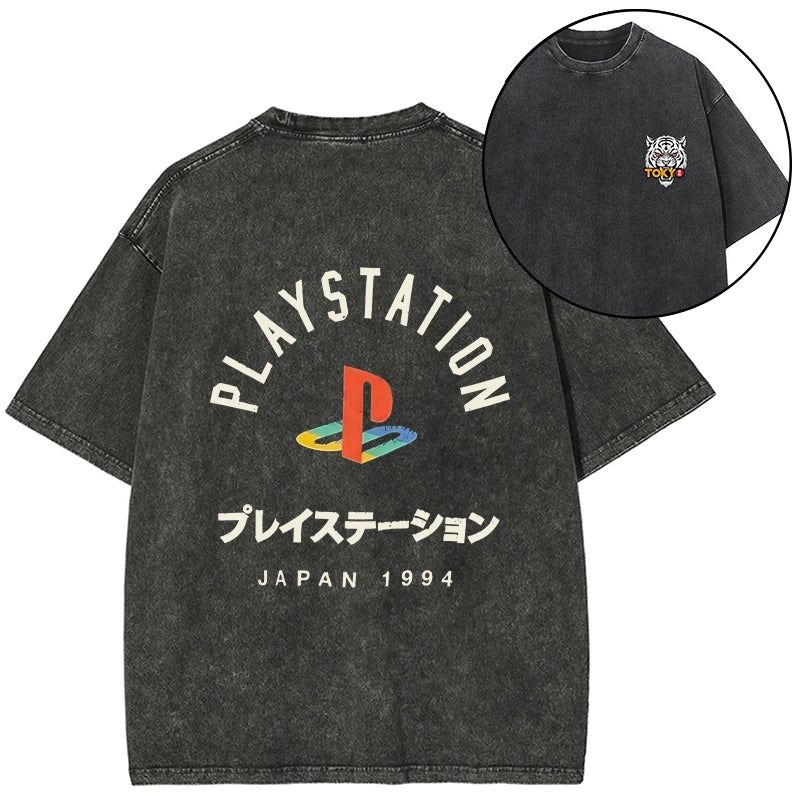 Tokyo-Tiger PlayStation Logo Japan Front Back Washed T-Shirt