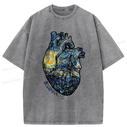 Tokyo-Tiger Van Gogh Starry Night Sky Heart Japanese Washed T-Shirt