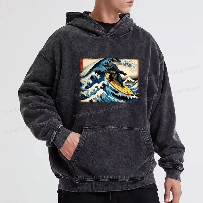 Tokyo-Tiger Dinosaur Surfing Japanese Washed Hoodie