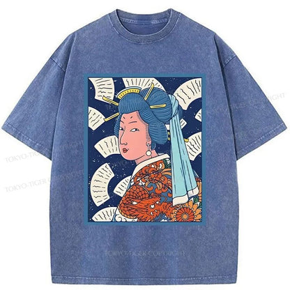 Tokyo-Tiger Ukiyoe Girl With Pearl Earring Washed T-Shirt