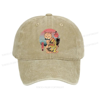 Tokyo-Tiger Katana Cat Tattoo Washed Cap