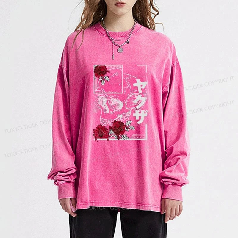 Tokyo-Tiger Skull Roses Japanese Aesthetic Washed Long Sleeve T-Shirt