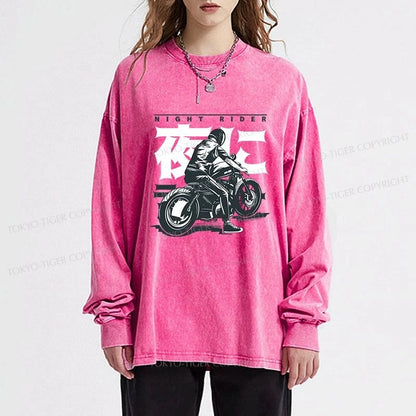 Tokyo-Tiger Motorcyclist Japanese Night Rider Washed Long Sleeve T-Shirt