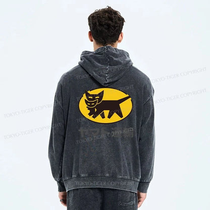 Tokyo-Tiger Black Cat Transport Pattern Japanese Washed Zip Hoodie