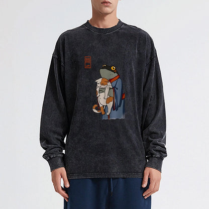 Tokyo-Tiger The Frog Holds The Cat Washed Long Sleeve T-Shirt