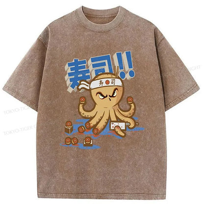 Tokyo-Tiger Sushi Octopus Washed T-Shirt