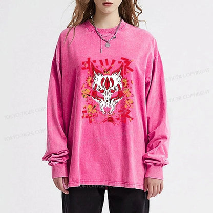 Tokyo-Tiger Japanese Kitsune Mask Washed Long Sleeve T-Shirt