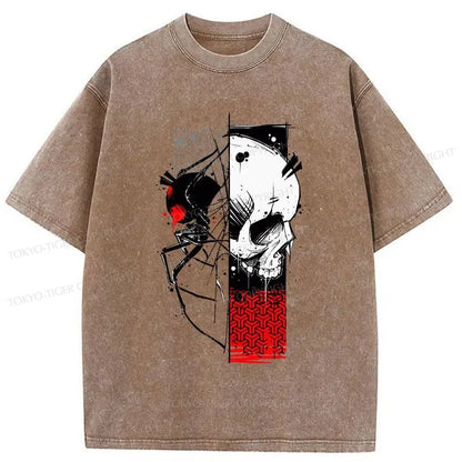 Tokyo-Tiger Scary Spider And Skeleton Washed T-Shirt