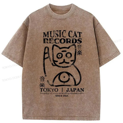 Tokyo-Tiger Music Cat Japanese Washed T-Shirt