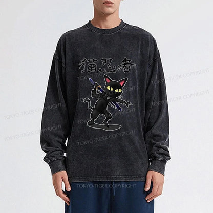 Tokyo-Tiger Ninja Cat Washed Long Sleeve T-Shirt