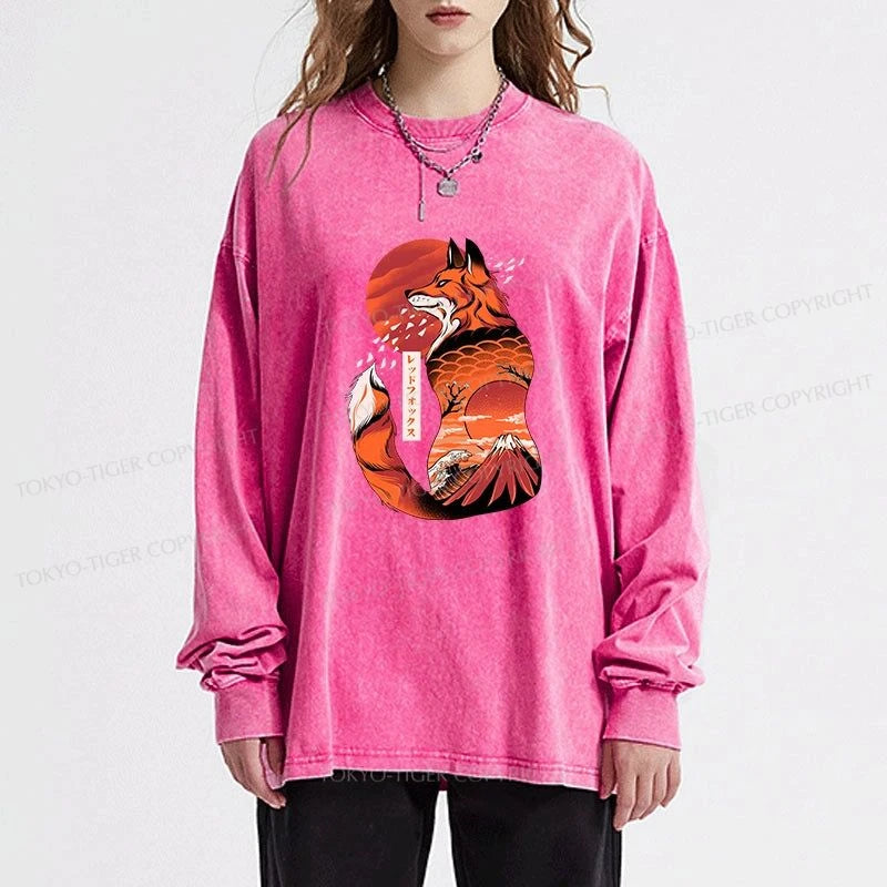 Tokyo-Tiger Japanese Fox KitsuneTattoo Washed Long Sleeve T-Shirt