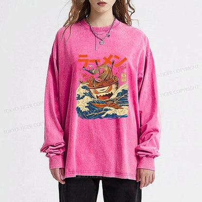 Tokyo-Tiger The Great Wave Ramen Kaiju Washed Long Sleeve T-Shirt