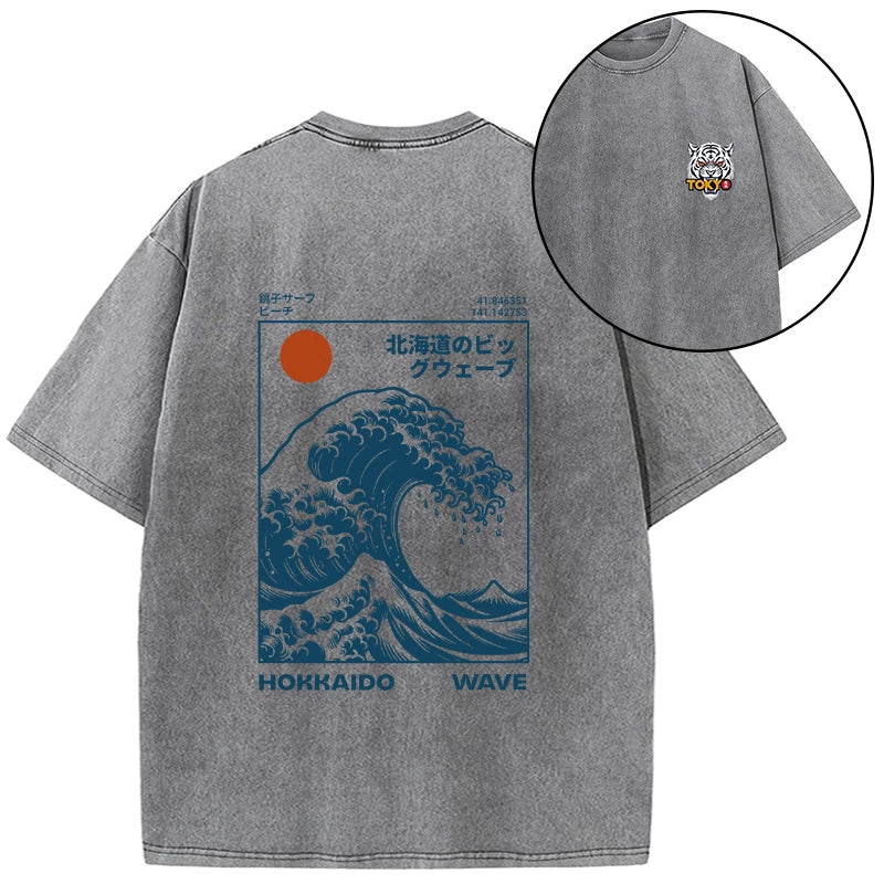 Tokyo-Tiger Hokkaido Wave Japan Front Back Washed T-Shirt