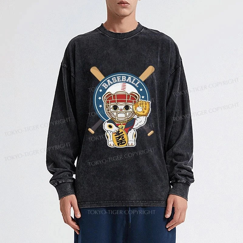 Tokyo-Tiger Janpaese Baseball Cat Washed Long Sleeve T-Shirt