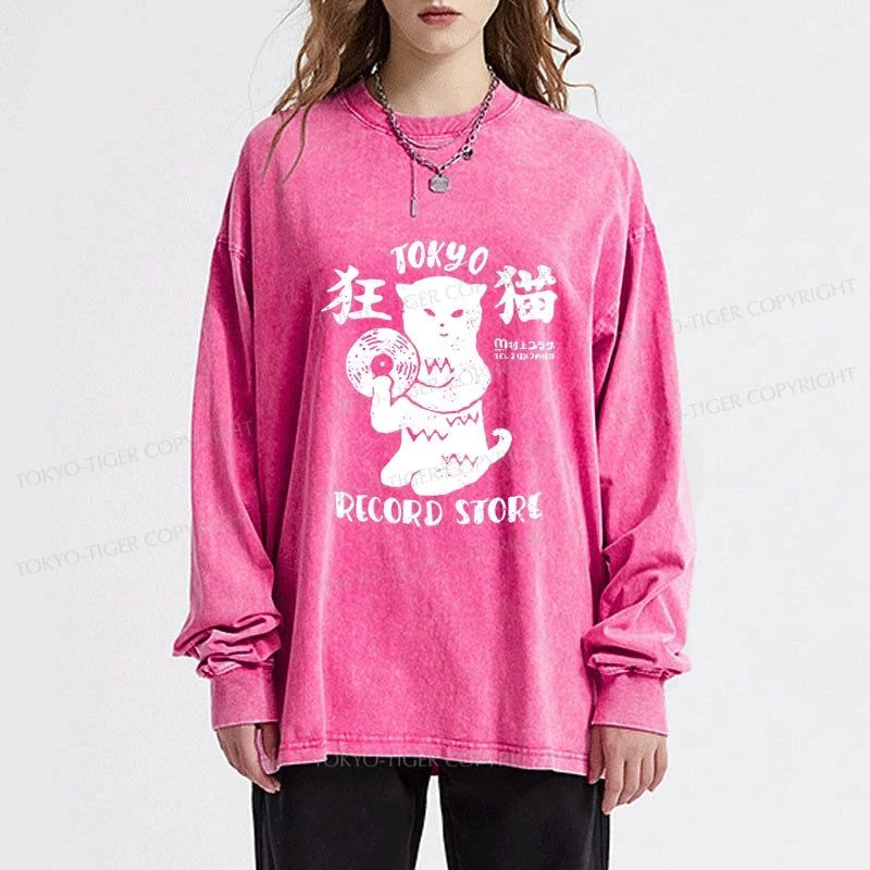 Tokyo-Tiger Tokyo Record Store Cat CD Washed Long Sleeve T-Shirt