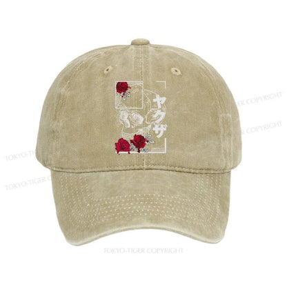 Tokyo-Tiger Skull Roses Japanese Aesthetic Washed Cap