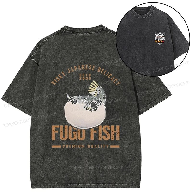 Tokyo-Tiger Fugu Fish Japanese Front Back Washed T-Shirt