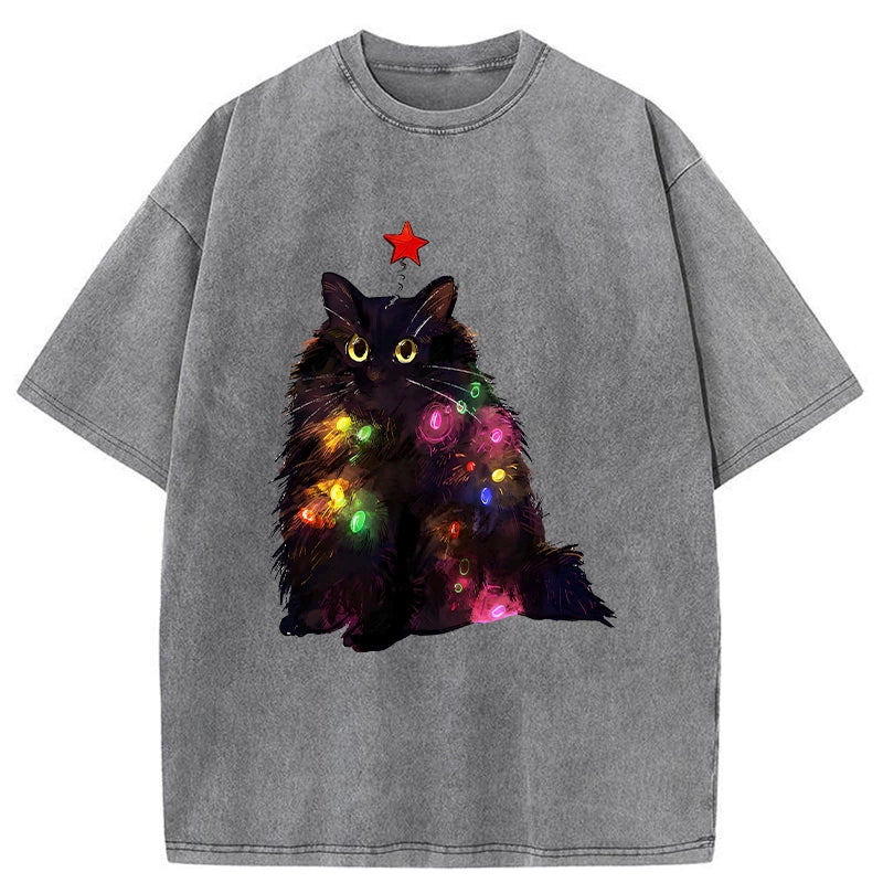 Tokyo-Tiger Christmas Lights Cat Washed T-Shirt