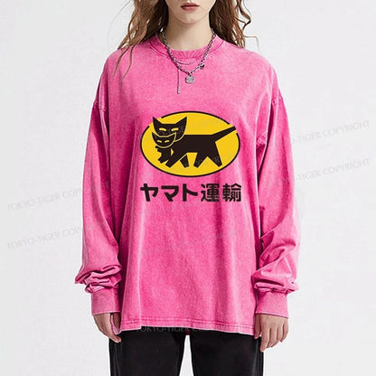 Tokyo-Tiger Black Cat Transport Pattern Japanese Washed Long Sleeve T-Shirt