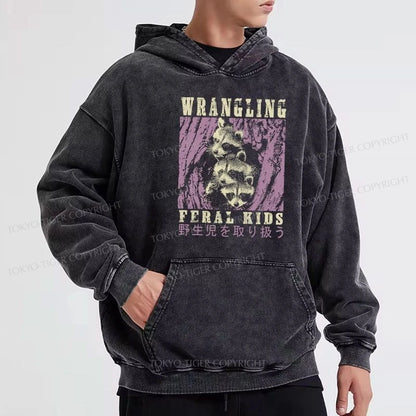 Tokyo-Tiger Wrangling Feral Raccoon Kids Washed Hoodie