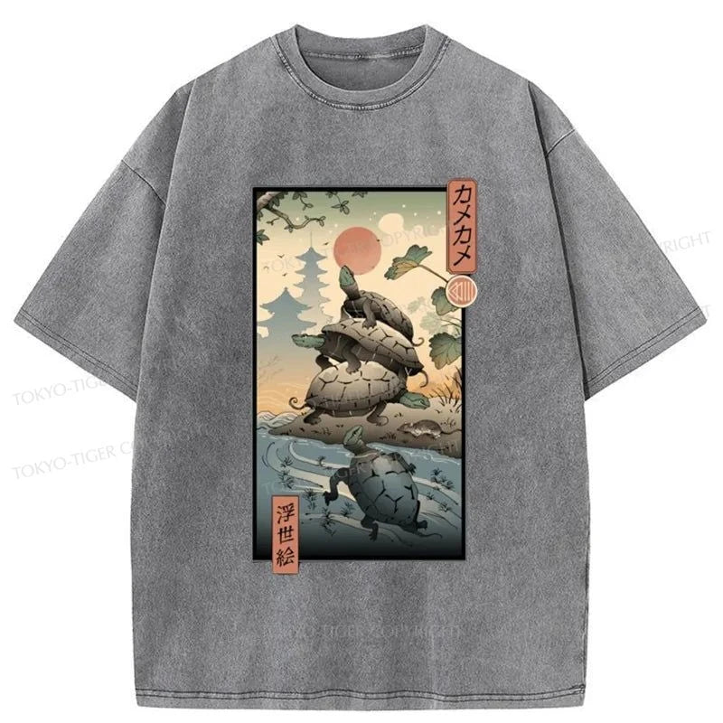 Tokyo-Tiger Ukiyoe Turtle Japanese Washed T-Shirt