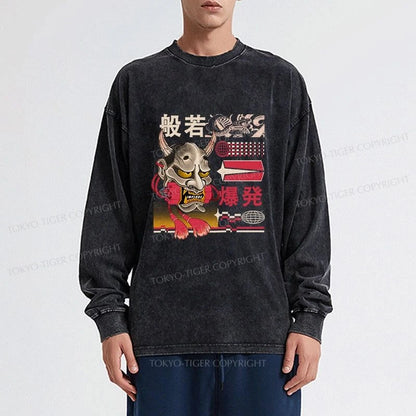 Tokyo-Tiger Hannya Mask Japanese Washed Long Sleeve T-Shirt