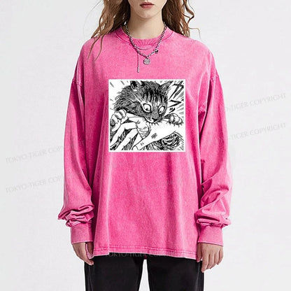 Tokyo-Tiger Creepy Cat Anime Horror Anteater Washed Long Sleeve T-Shirt