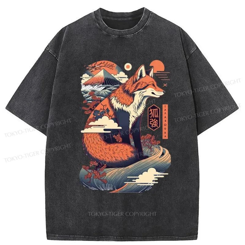 Tokyo-Tiger Japanese Kitsune Fox Wave Washed T-Shirt