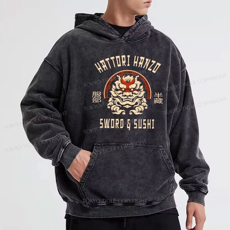 Tokyo-Tiger Hattori Hanzo Sword And Sushi Japanese Washed Hoodie