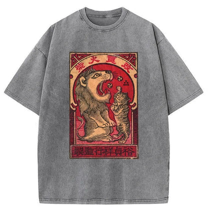 Tokyo-Tiger Cat and Lion Playing Together Japanese Washed T-Shirt