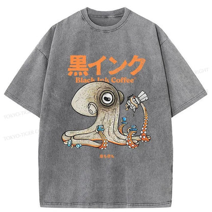 Tokyo-Tiger Octopus Drinks Black Coffee Washed T-Shirt