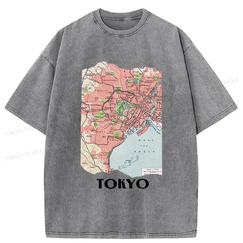 Tokyo-Tiger Tokyo City Vintage Map Washed T-Shirt