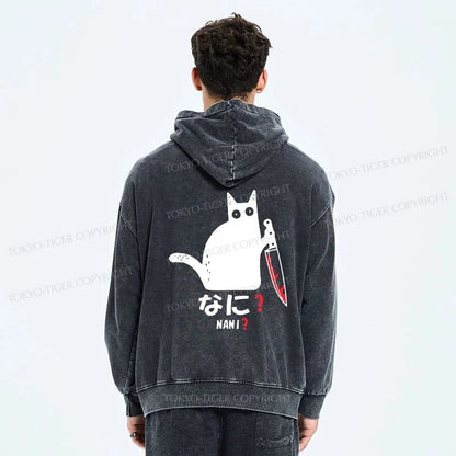 Tokyo-Tiger A Puzzled Cat Holding A Knife Washed Zip Hoodie