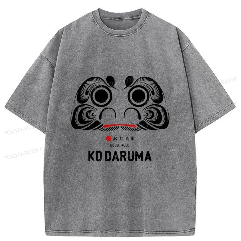 Tokyo-Tiger Daruma Doll Design Japanese Washed T-Shirt