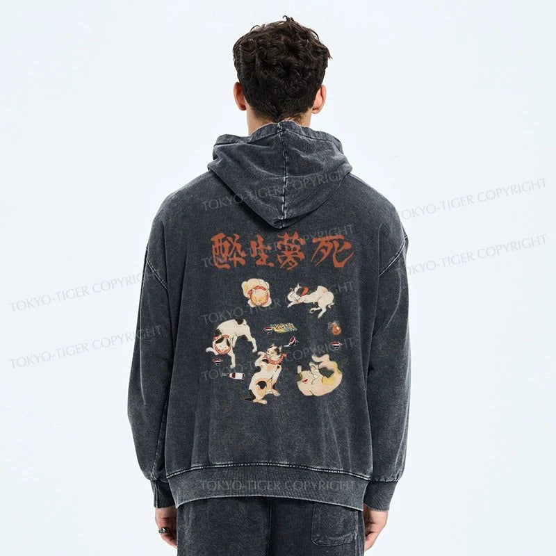 Tokyo-Tiger Drunken Cats Washed Zip Hoodie