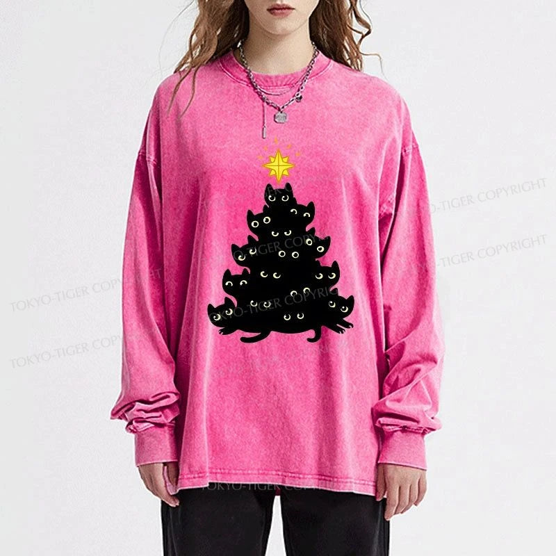 Tokyo-Tiger Black Cat Christmas Tree Washed Long Sleeve T-Shirt