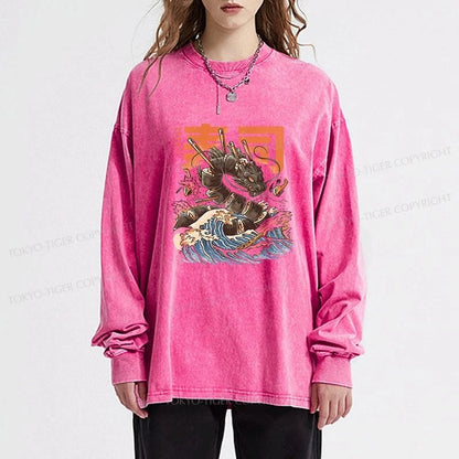 Tokyo-Tiger The Great Sushi Dragon Wave Washed Long Sleeve T-Shirt