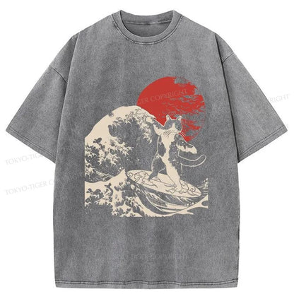 Tokyo-Tiger Cat Surfing Washed T-Shirt