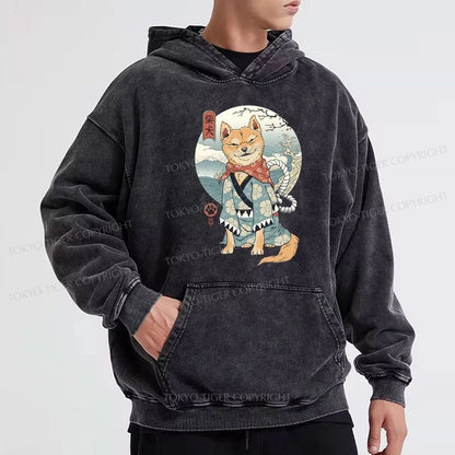 Tokyo-Tiger Samurai Shiba Dog Japanese Washed Hoodie