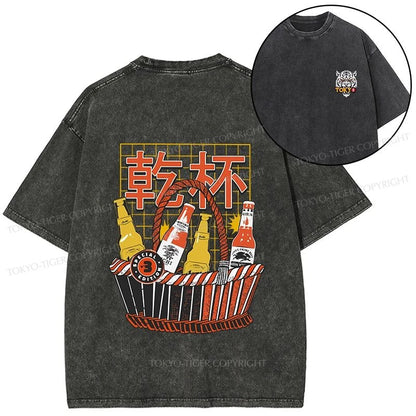 Tokyo-Tiger Have A Beer Together Front Back Washed T-Shirt