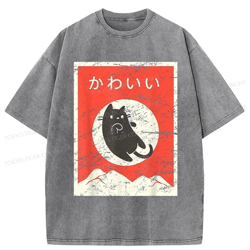 Tokyo-Tiger Cute Black Cat Japanese Washed T-Shirt