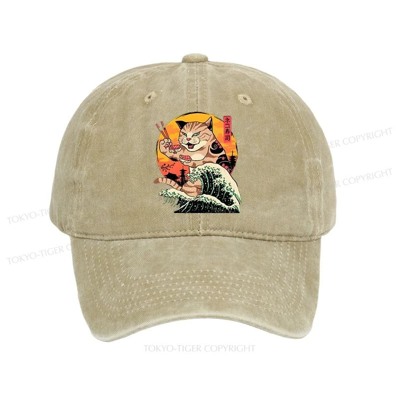 Tokyo-Tiger CatZilla Eating Sushi Japanese Wave Washed Cap