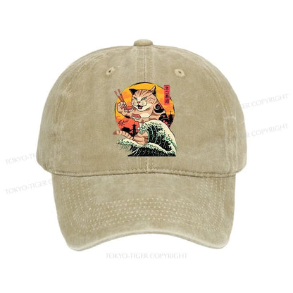 Tokyo-Tiger CatZilla Eating Sushi Japanese Wave Washed Cap