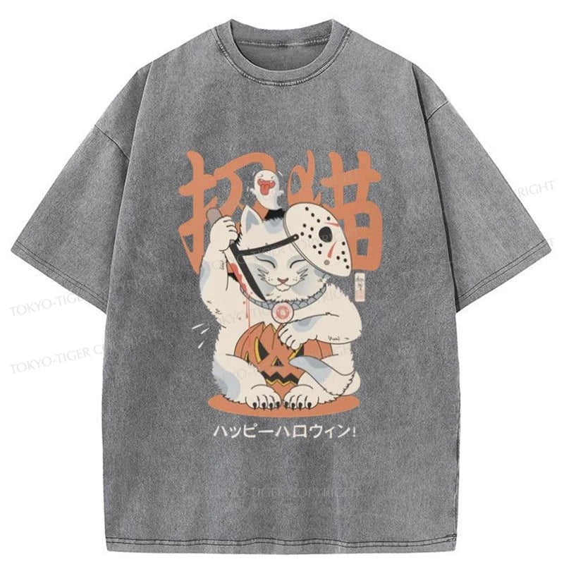 Tokyo-Tiger Halloween Cat Maneki Neko Japanese Washed T-Shirt